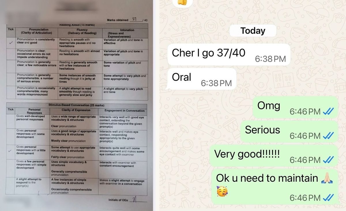 Score sheet and parent message showing Oral moving 27/40 to 37/40, personal details redacted