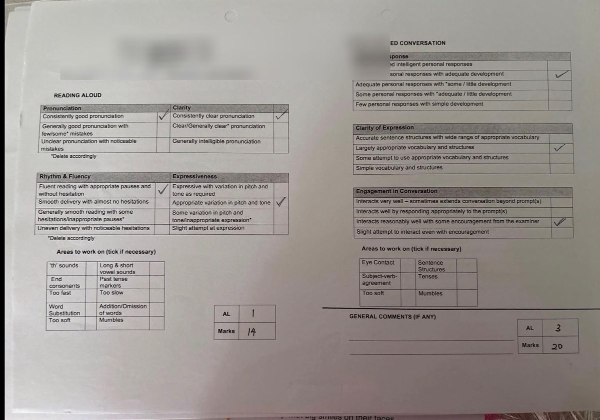 Score sheet showing Oral 29/40 to 34/40, personal details redacted
