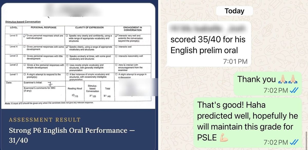 Score sheet showing Oral 31/40 to 35/40, personal details redacted
