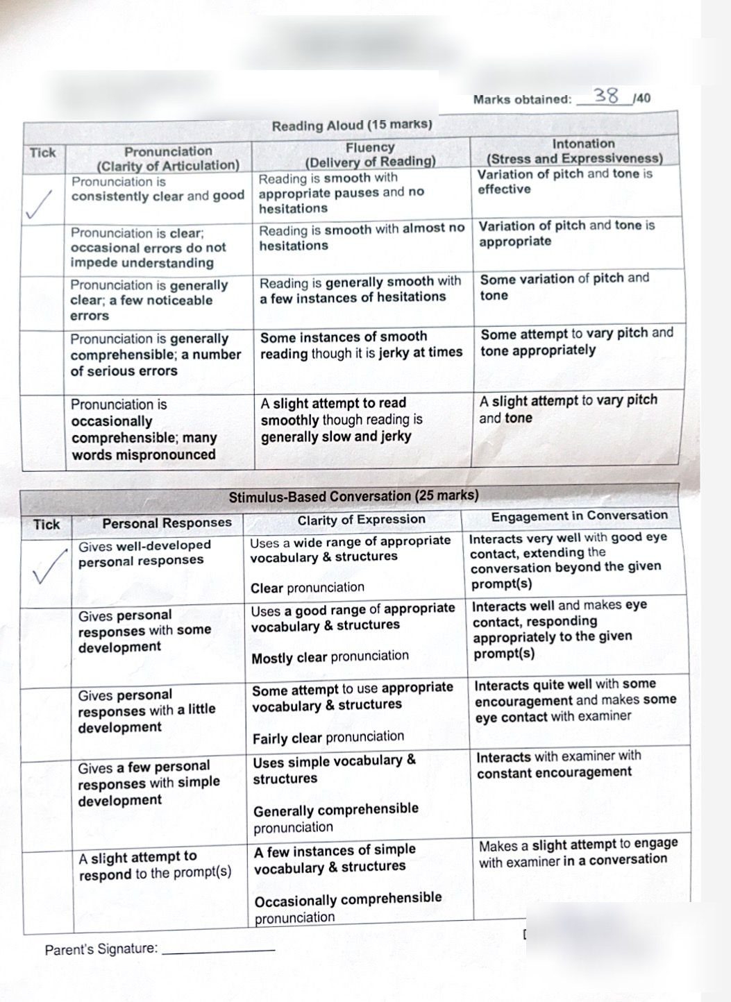 Score sheet showing Oral, school prelims 38/40, personal details redacted