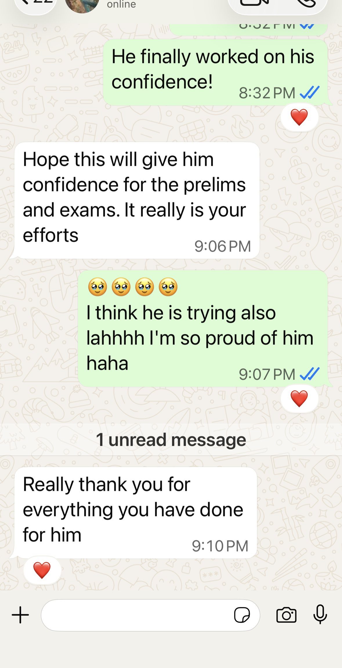 A Primary 6 parent's WhatsApp review, personal details redacted