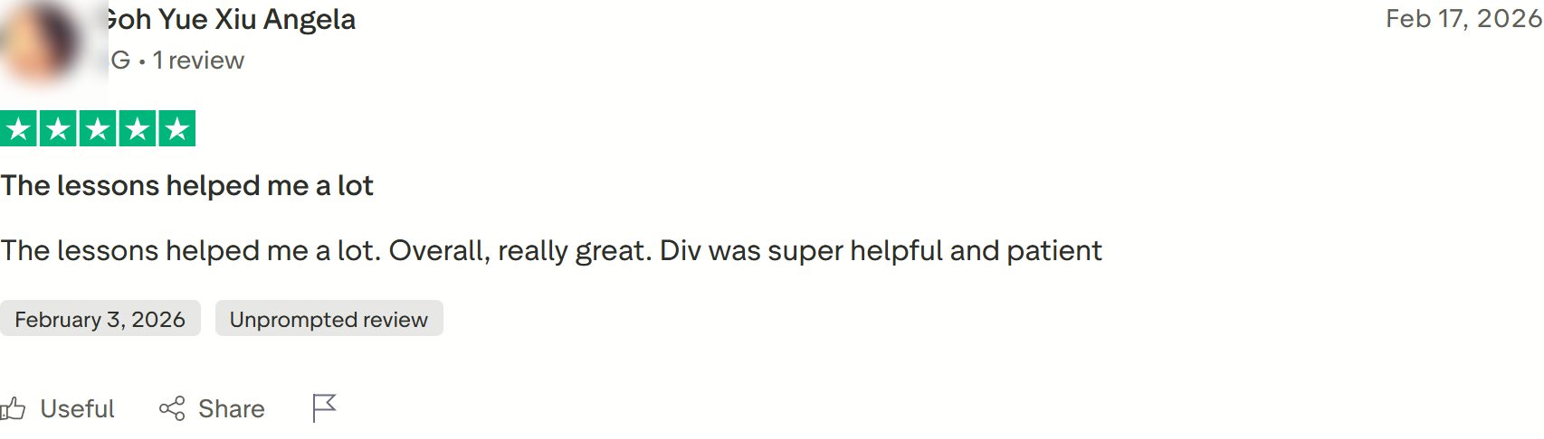 Goh Yue Xiu Angela's Trustpilot review, personal details redacted