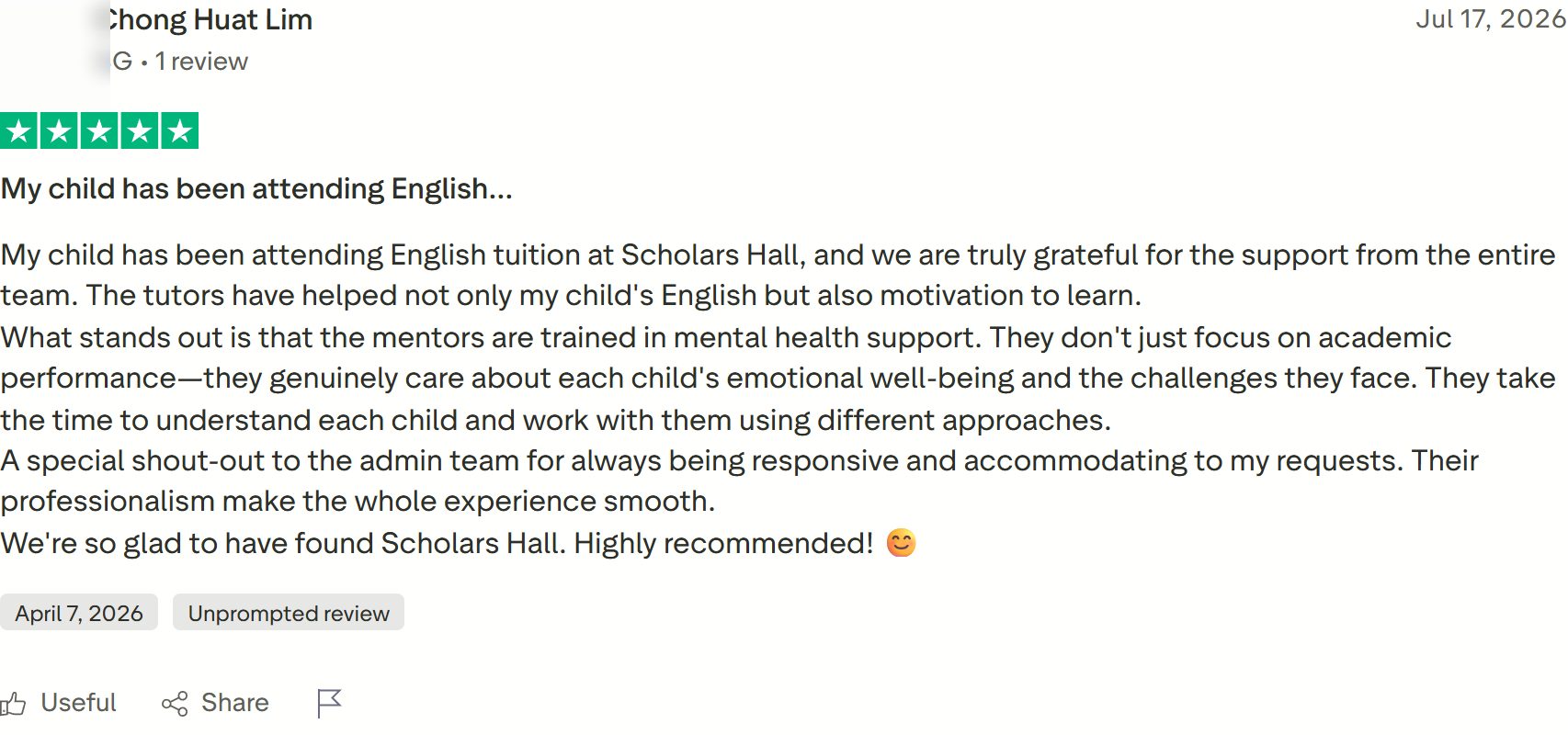 Chong Huat Lim's Trustpilot review, personal details redacted